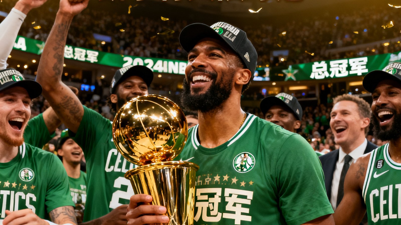 NBA总决赛战报封面，凯尔特人球员捧起总冠军奖杯的庆祝场景